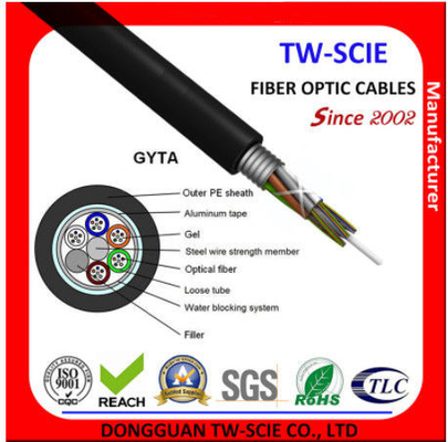 Câble blindé de bande en acier de tube lâche de GYTA gaine externe de PE de câble de réseau de fibre optique de noyau 12